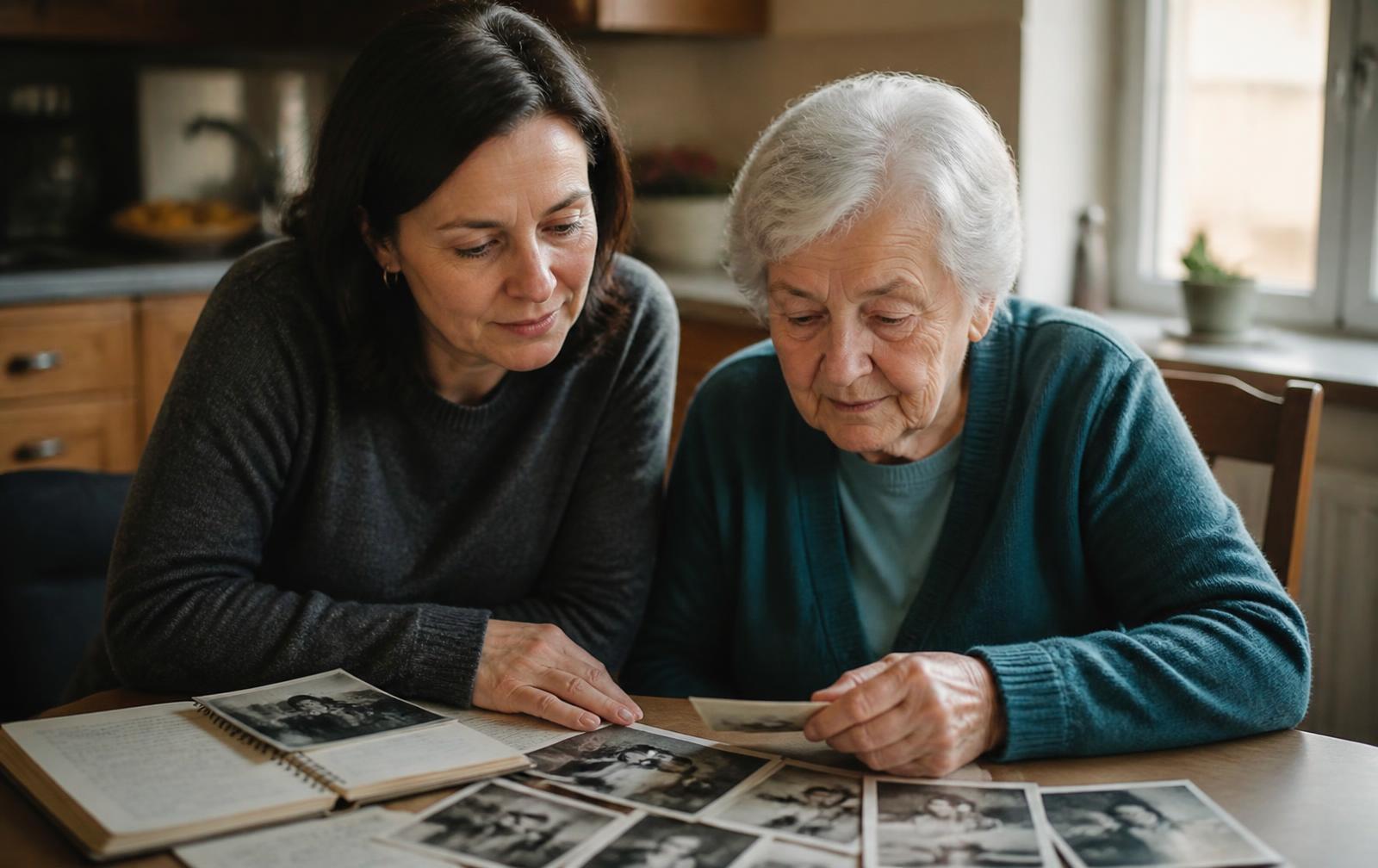 A daughter and her elderly mother sitting together at a kitchen table looking through old family photographs