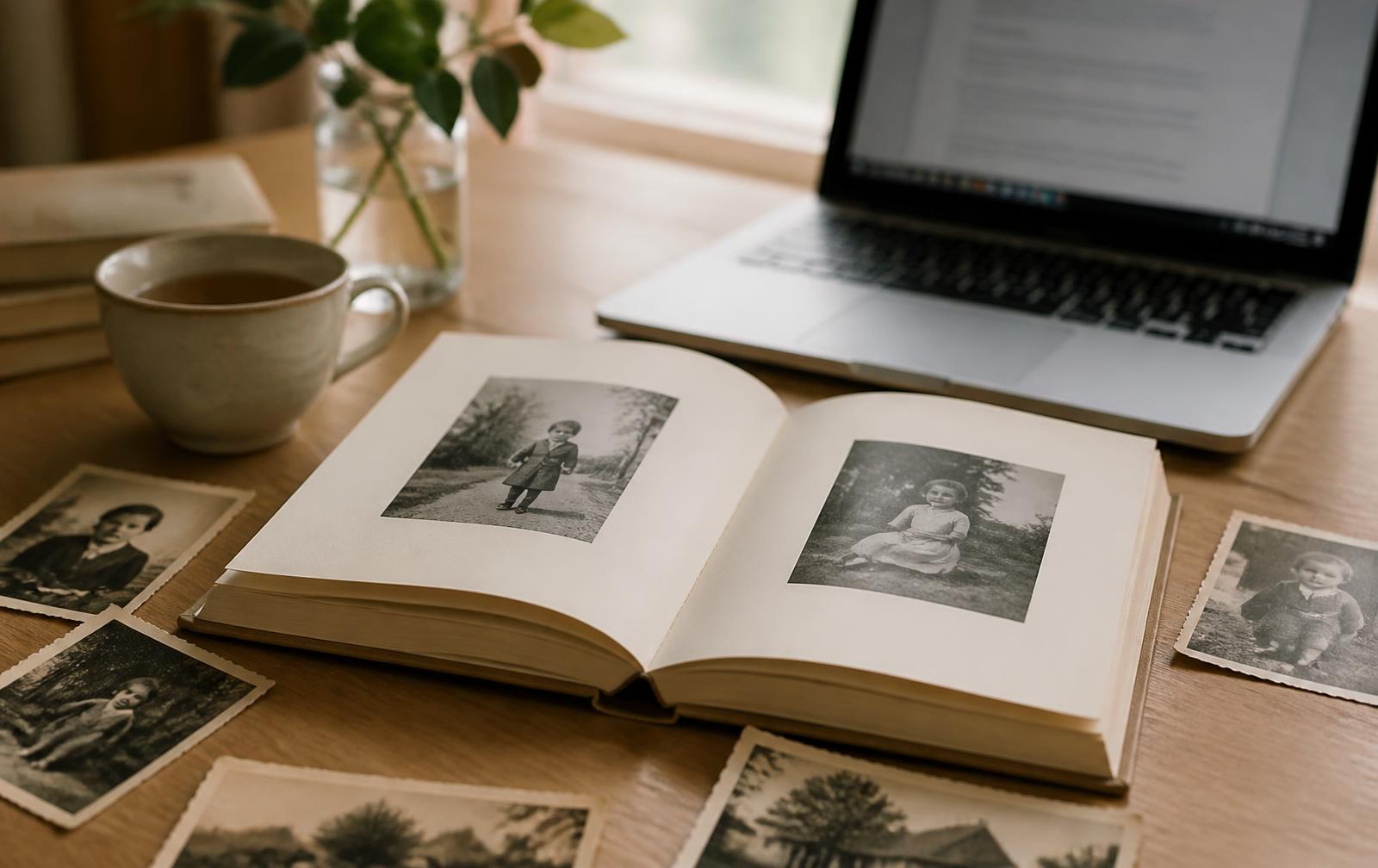 An open memoir book on a wooden table surrounded by vintage family photographs, a cup of tea and a laptop in soft window light