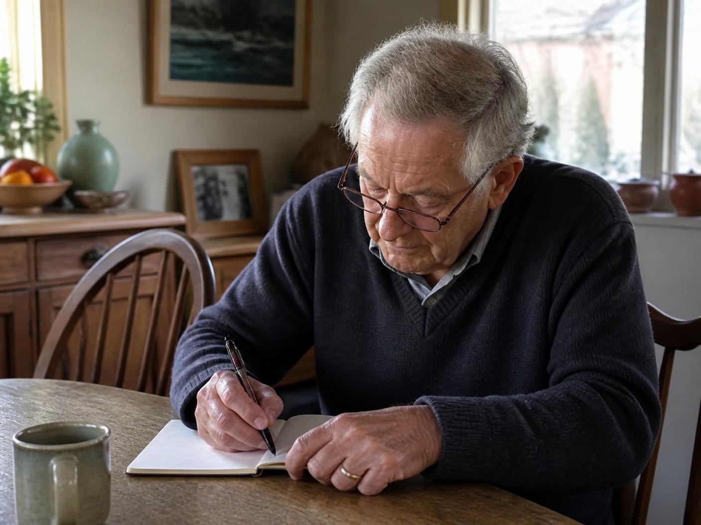 An older man writing in a notebook at his dining table in a warm home, wearing reading glasses